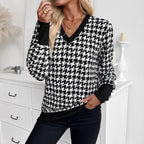 Damen nan V-Ausschnitt Strickpullover mit Hahnentrittmuster und gerippten Bündchen R&B