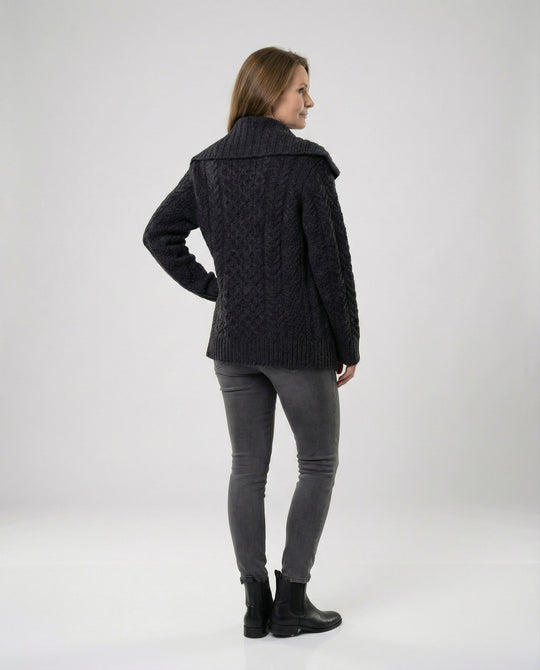 Damen strukturierter Strickmantel mit überlappendem Segelkragen und weichem Wollmix R&B