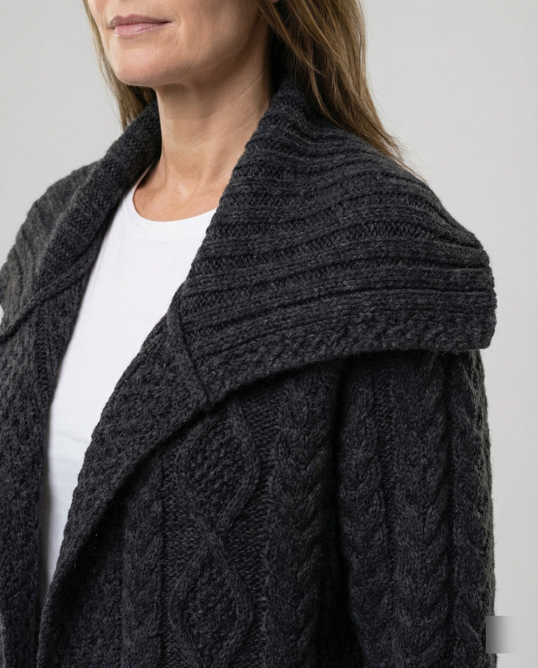 Damen strukturierter Strickmantel mit überlappendem Segelkragen und weichem Wollmix R&B