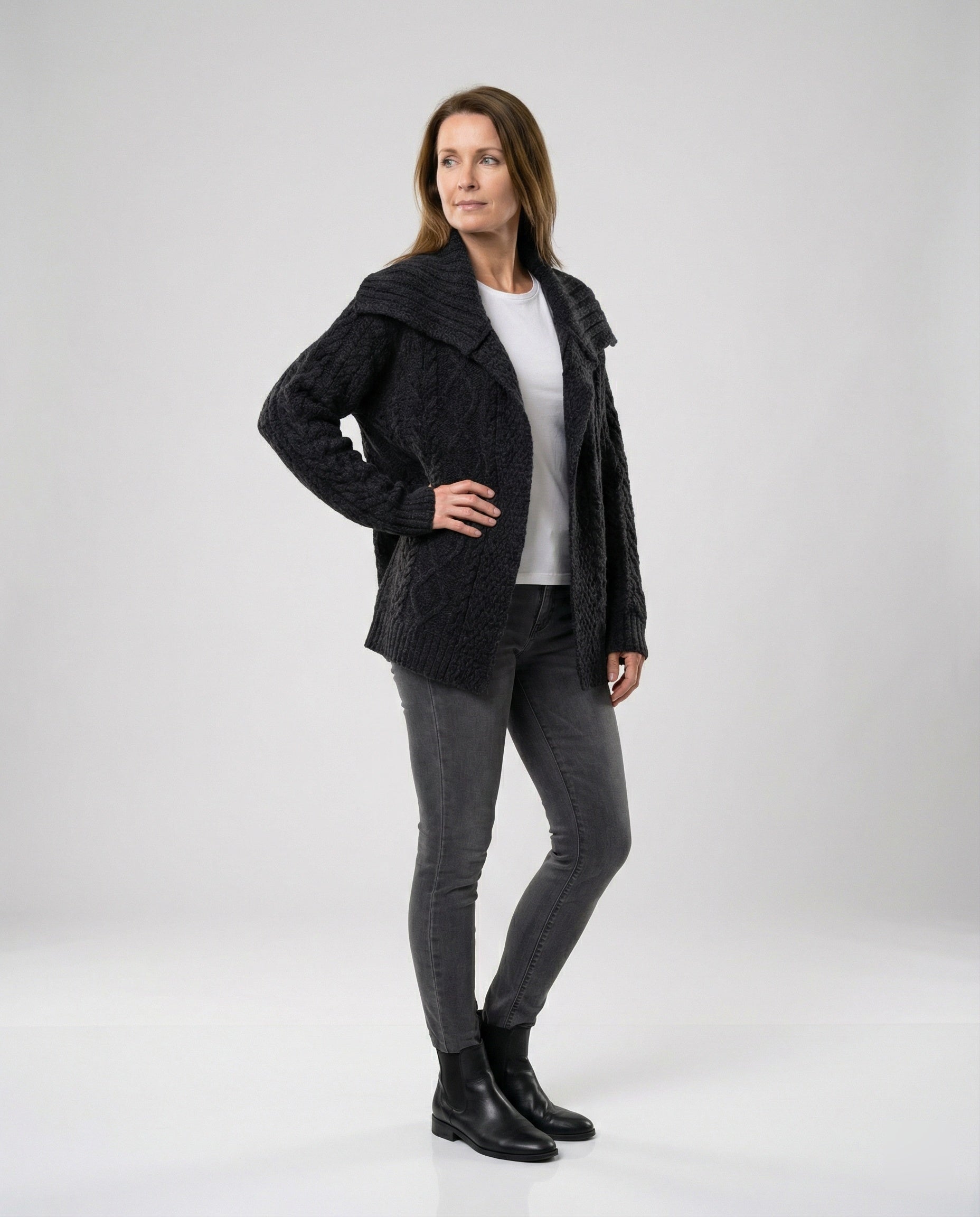 Damen strukturierter Strickmantel mit überlappendem Segelkragen und weichem Wollmix R&B