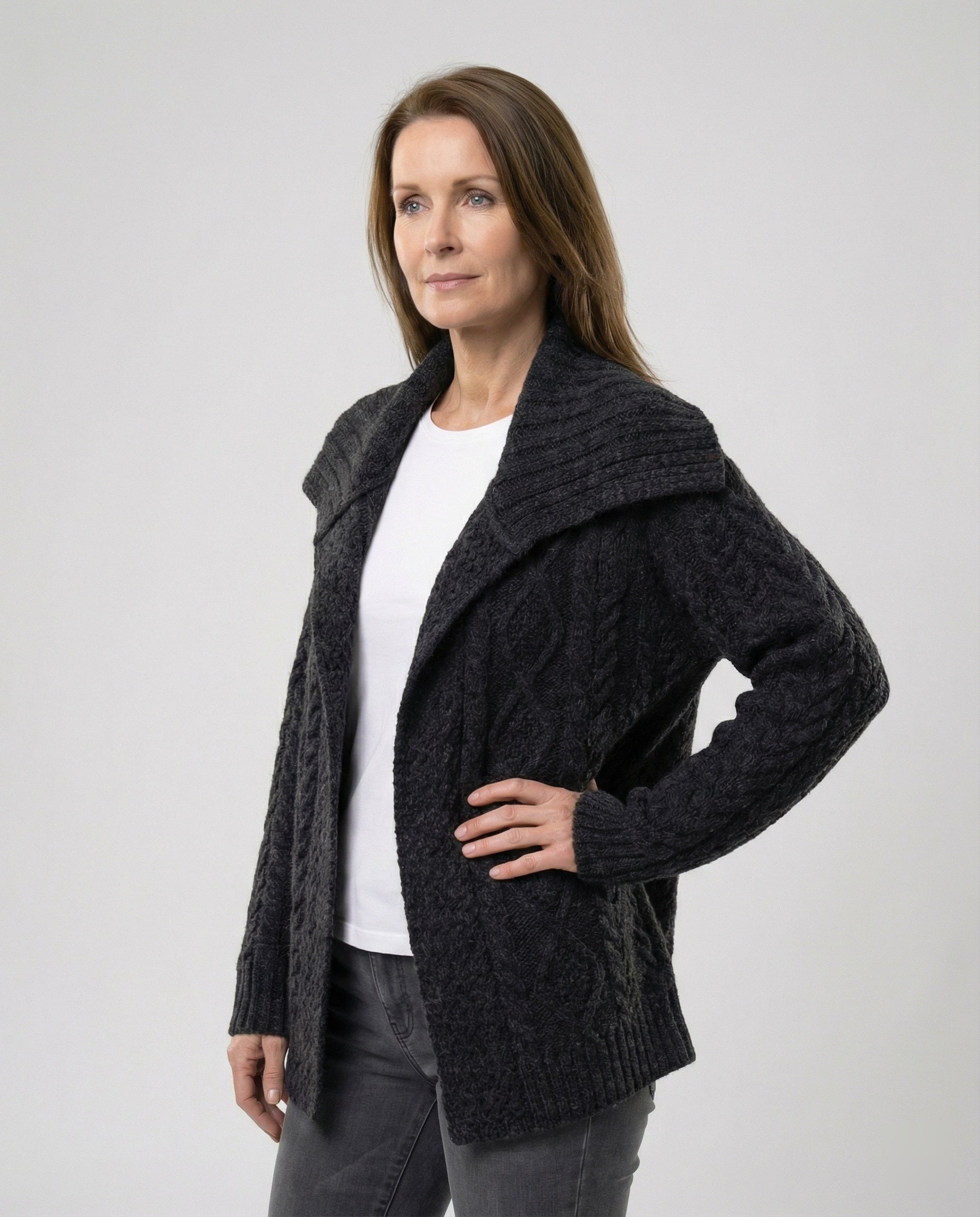 Damen strukturierter Strickmantel mit überlappendem Segelkragen und weichem Wollmix R&B