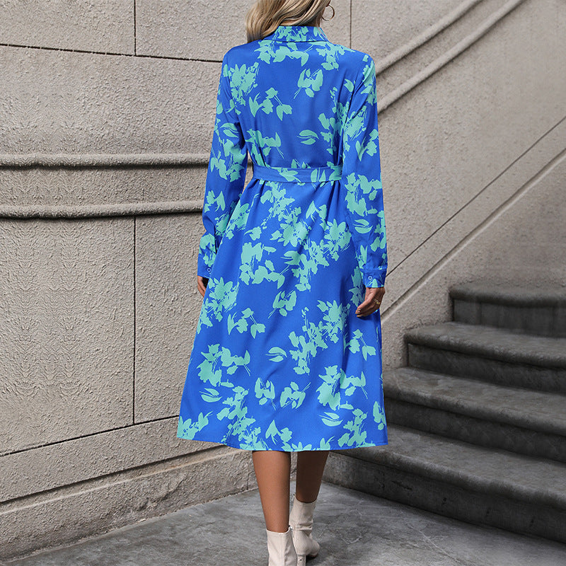 Damen langärmliges Maxikleid mit floralen Mustern und elegantem Gürtel