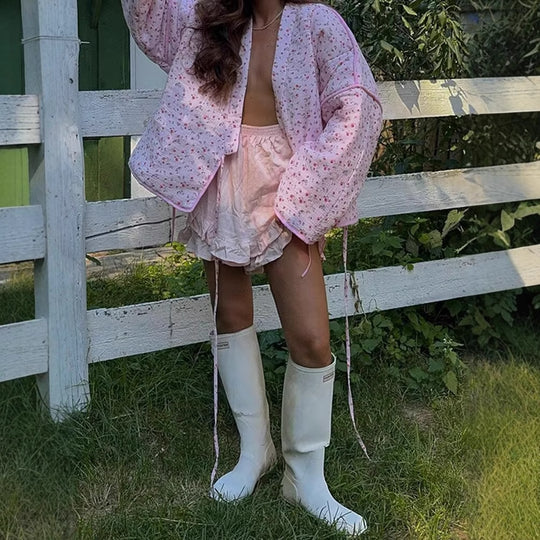 Damen Bluse im Kimono-Stil mit floralen Mustern und Bindegürtel R&B