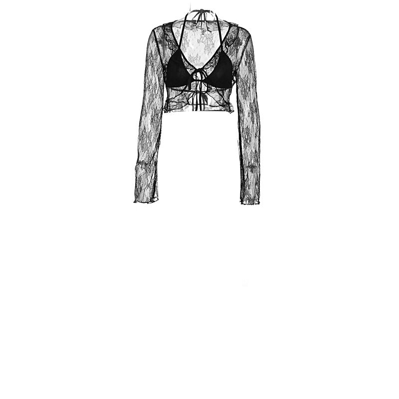 Damen Transparente Bluse mit Rüschenärmel und frechem Bindeband R&B