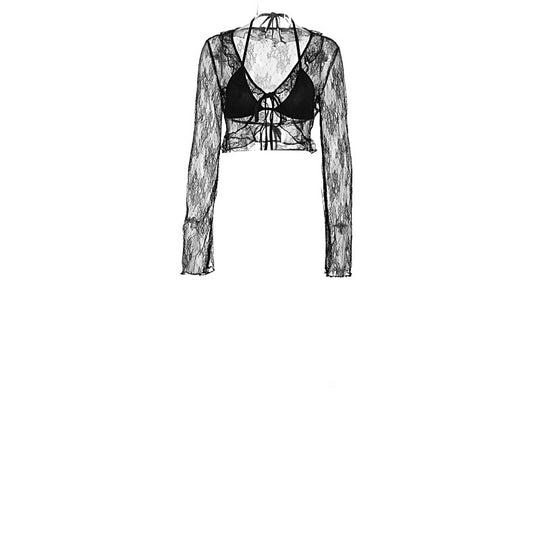 Damen Transparente Bluse mit Rüschenärmel und frechem Bindeband R&B