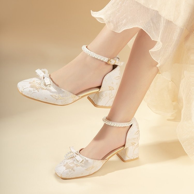 Damen elegante Pumps mit zierlichem Schleifenakzent und perlverziertem Riemen R&B
