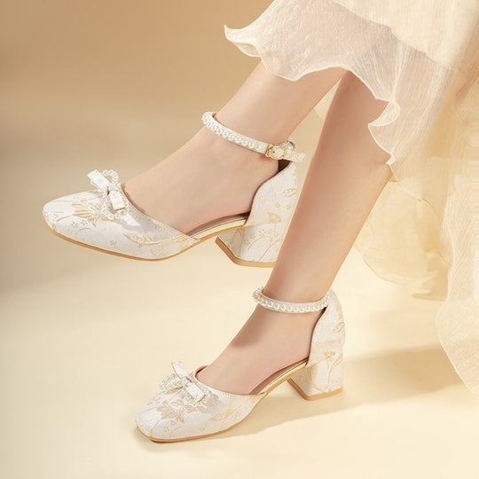 Damen elegante Pumps mit zierlichem Schleifenakzent und perlverziertem Riemen R&B
