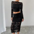 Damen Spitzenensemble mit langärmligem Crop-Top und figurbetontem Rock R&B