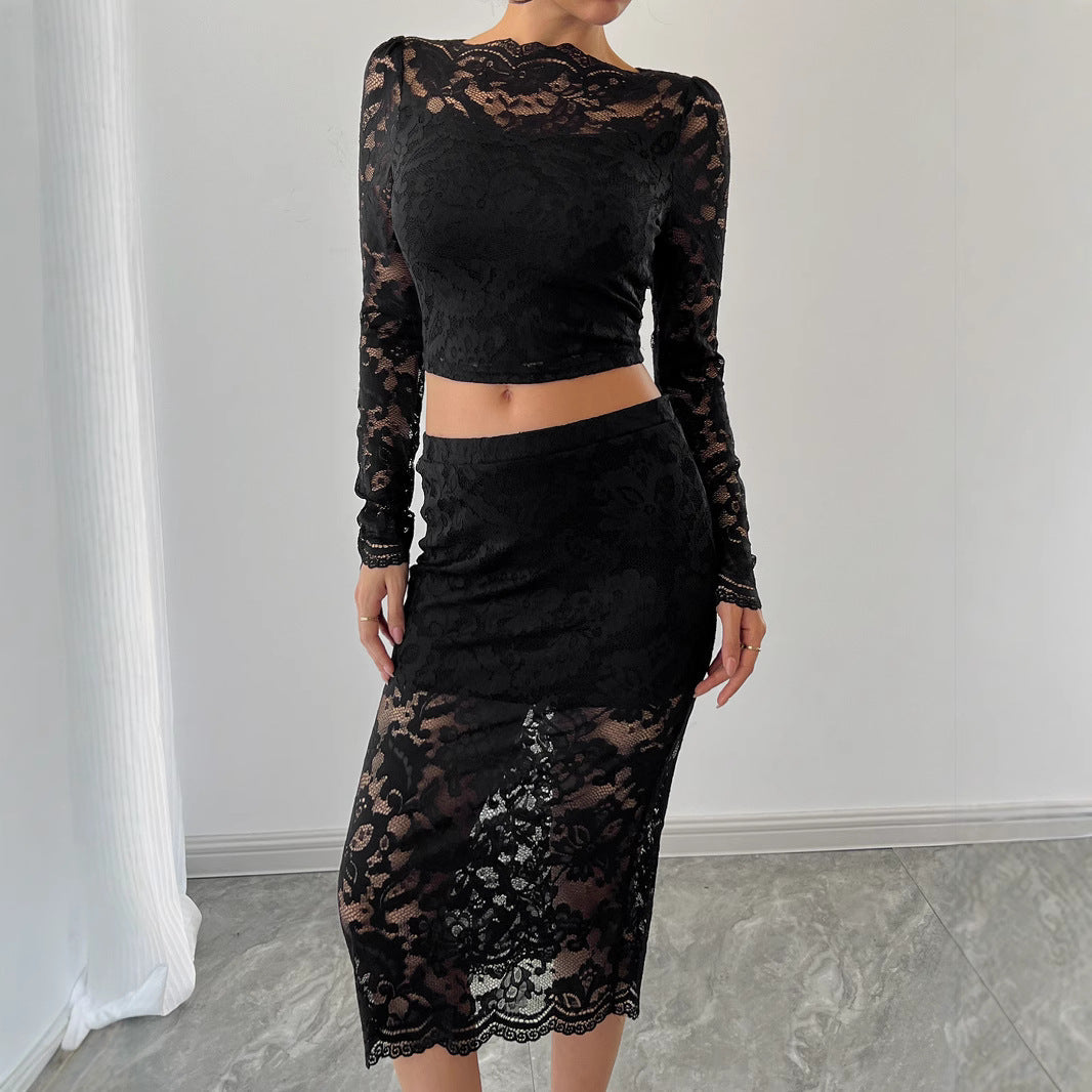 Damen nan zweiteiliges Spitzenensemble mit bauchfreiem Langarmoberteil und tailliertem Midirock R&B