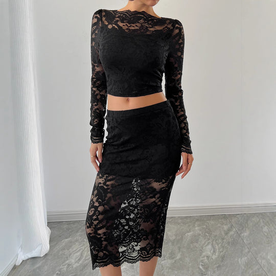 Damen nan zweiteiliges Spitzenensemble mit bauchfreiem Langarmoberteil und tailliertem Midirock R&B