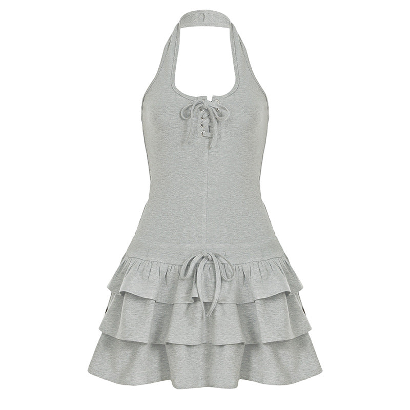 Damen lässiges Trägerkleid mit rüschenförmigem Saum und detailreicher Schnürung R&B