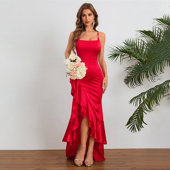 Damen elegantes Maxikleid mit asymmetrischem Rüschensaum und taillierter Silhouette R&B
