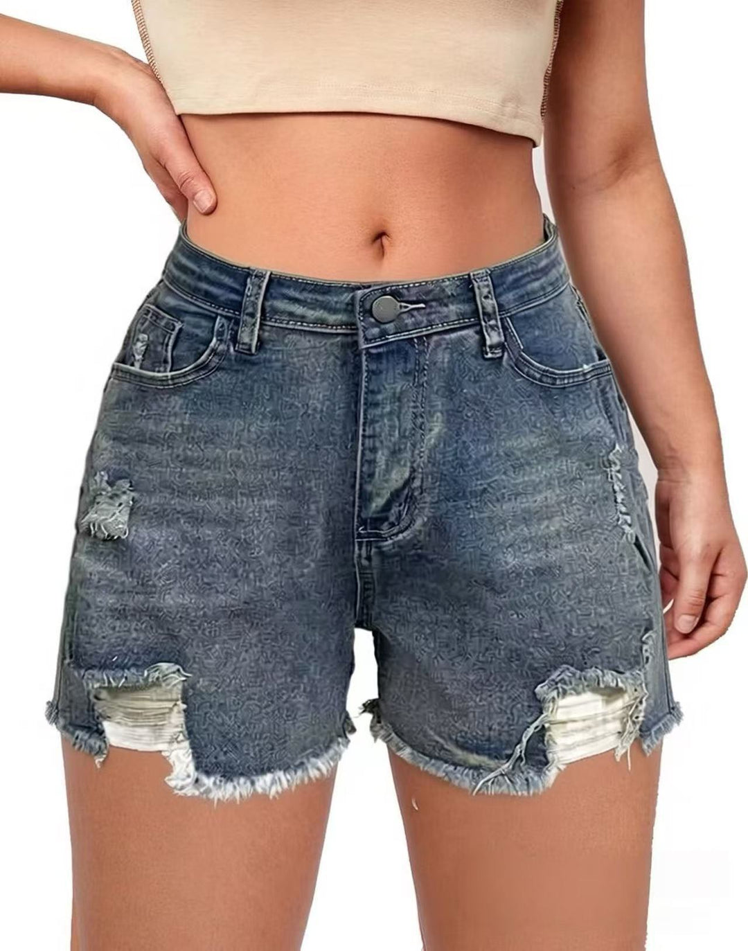 Damen lässige Destroyed Jeansshorts mit hohem Bund und fransigen Abschlüssen R&B