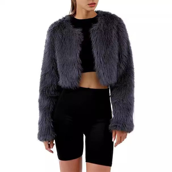 Damen Kurze glamouröse Kunstfelljacke mit lockeren Ärmeln R&B