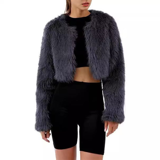 Damen Kurze glamouröse Kunstfelljacke mit lockeren Ärmeln R&B