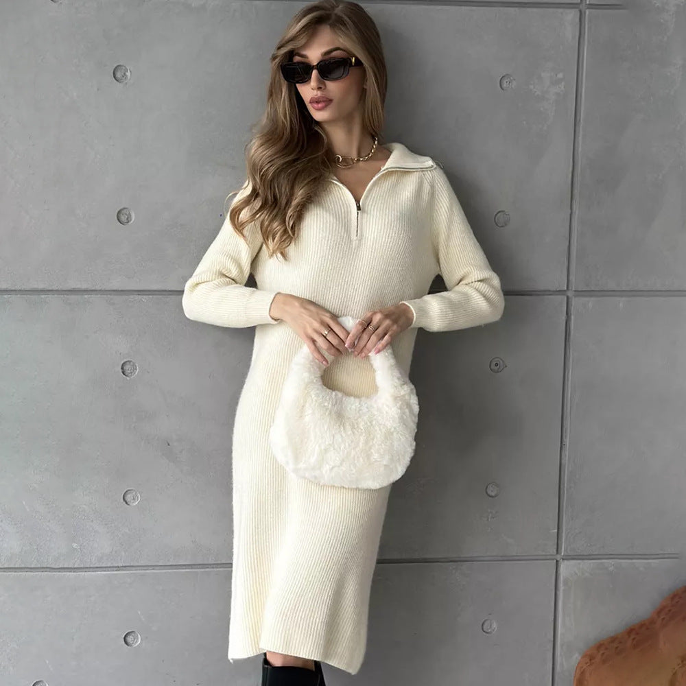 Damen Strickkleid mit Stehkragen und durchgehendem Reißverschluss