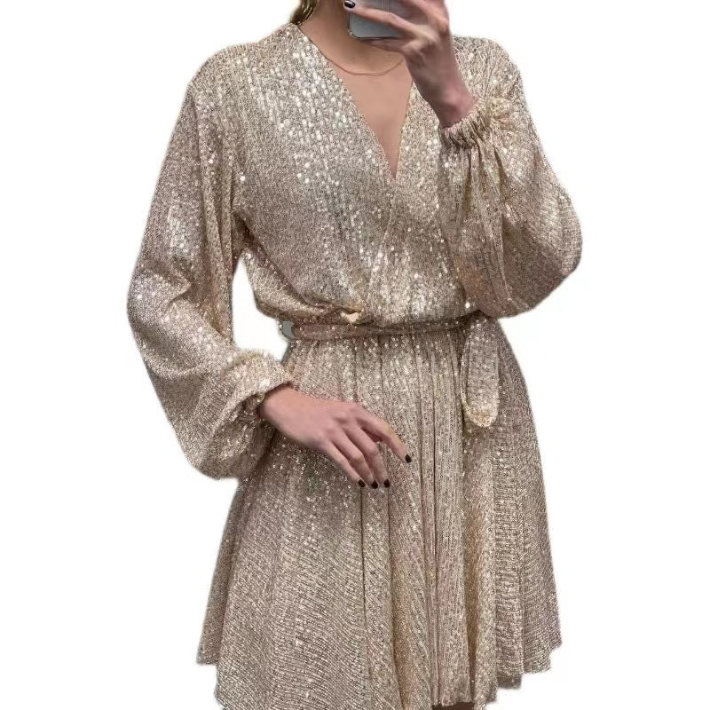 Damen Glitzerndes Mini-Kleid mit V-Ausschnitt und eleganten Puffärmeln R&B