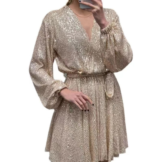 Damen Glamouröses Feierabendkleid mit funkelnden Pailletten und leichtem V-Ausschnitt R&B