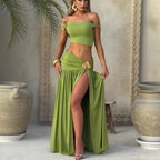 Damen Off-Shoulder Maxirock mit figurbetontem Crop-Top und verspieltem Detail R&B