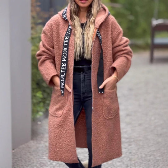 Damen Modischer Oversized-Fleece-Mantel mit praktischen Taschen und Kapuze R&B
