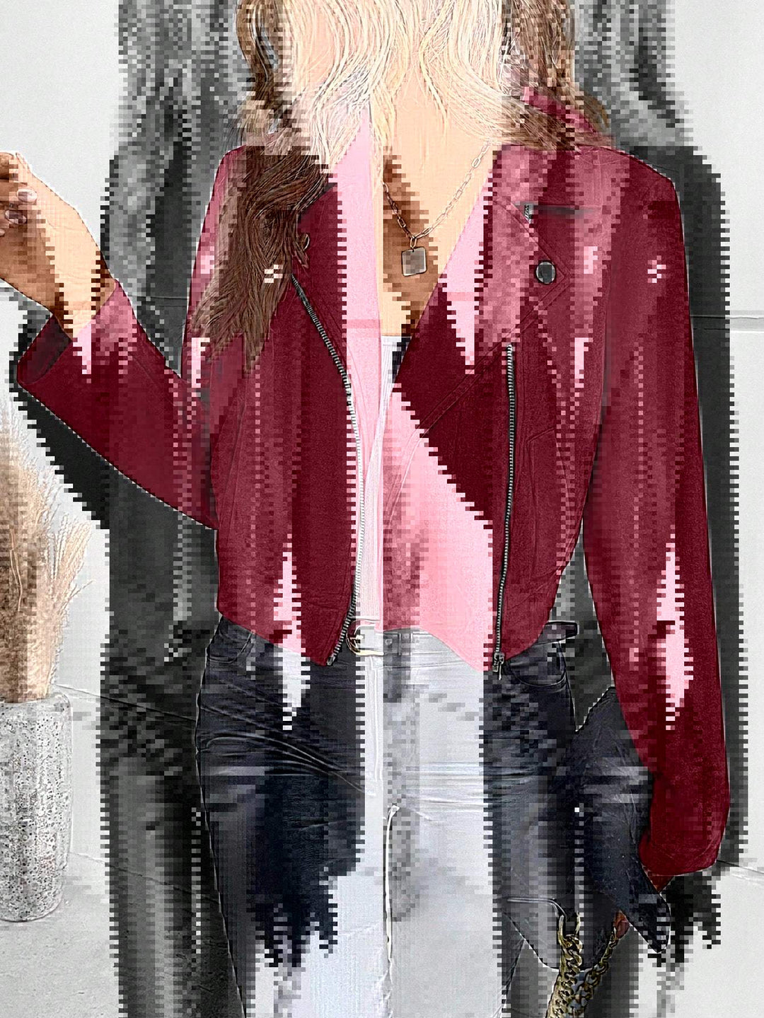 Damen Stylische Bikerjacke aus Kunstleder mit asymmetrischem Reißverschluss R&B