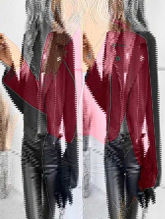 Damen Stylische Bikerjacke aus Kunstleder mit asymmetrischem Reißverschluss R&B
