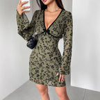 Damen nan tailliertes Netzstoff-Minikleid mit Samtflock-Blütenmuster, tiefem V-Ausschnitt und Schleifenapplikation R&B
