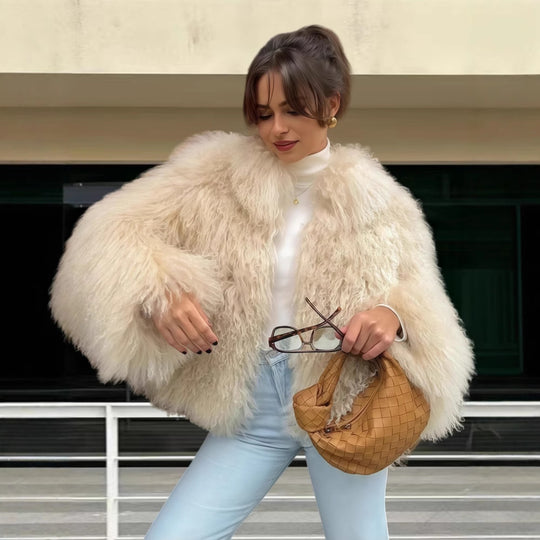 Damen Luxuriöse Felljacke mit voluminösen Ärmeln und elegantem Schnitt R&B