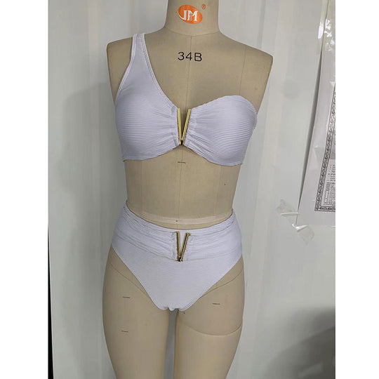 Damen Hoch geschnittenes Bikiniset mit asymmetrischem Oberteil und goldenen Akzenten R&B