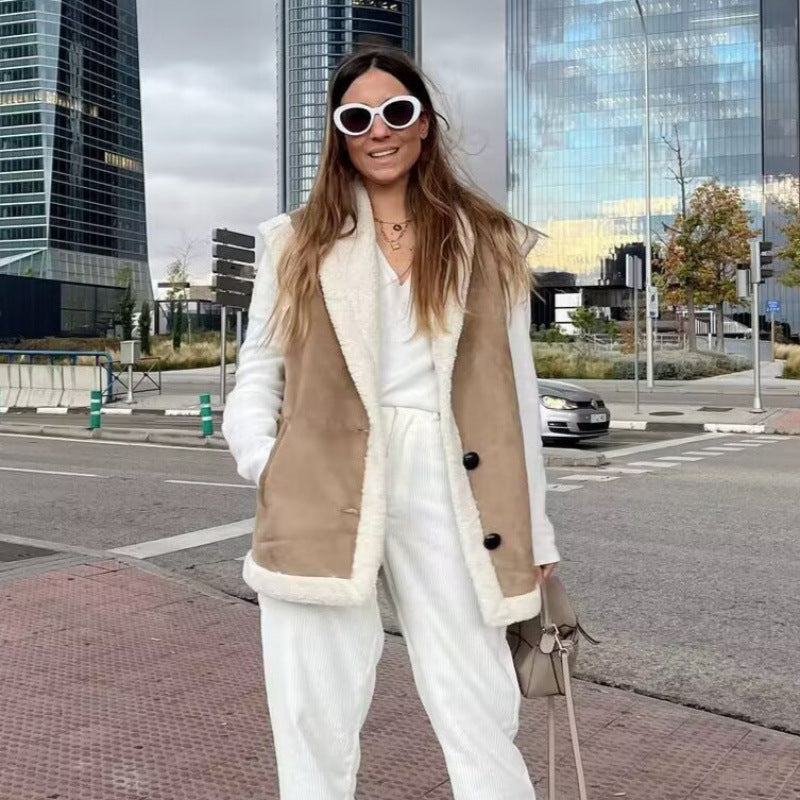 Damen warme Fleece-Weste mit klassischem Kragen und praktischen Taschen R&B