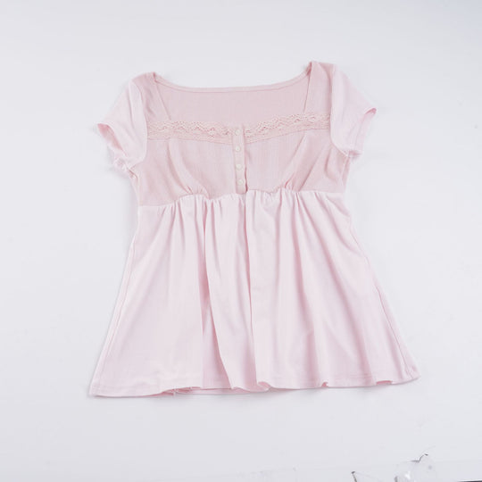Damen lässiges T-Shirt mit Spitzenverzierung und Knopfdetails R&B
