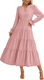 Damen Maxikleid mit knopfverzierter Front und voluminösen Ärmeln R&B