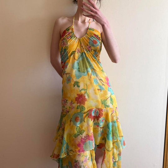 Damen fließendes Maxi-Kleid mit Blumenmuster und Rüschen R&B
