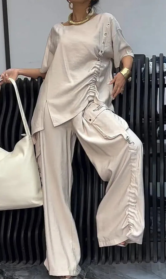 Damen nan legeres zweiteiliges Set mit übergroßem Rundhals-Shirt, seitlicher Raffung und weiter Cargo-Hose R&B