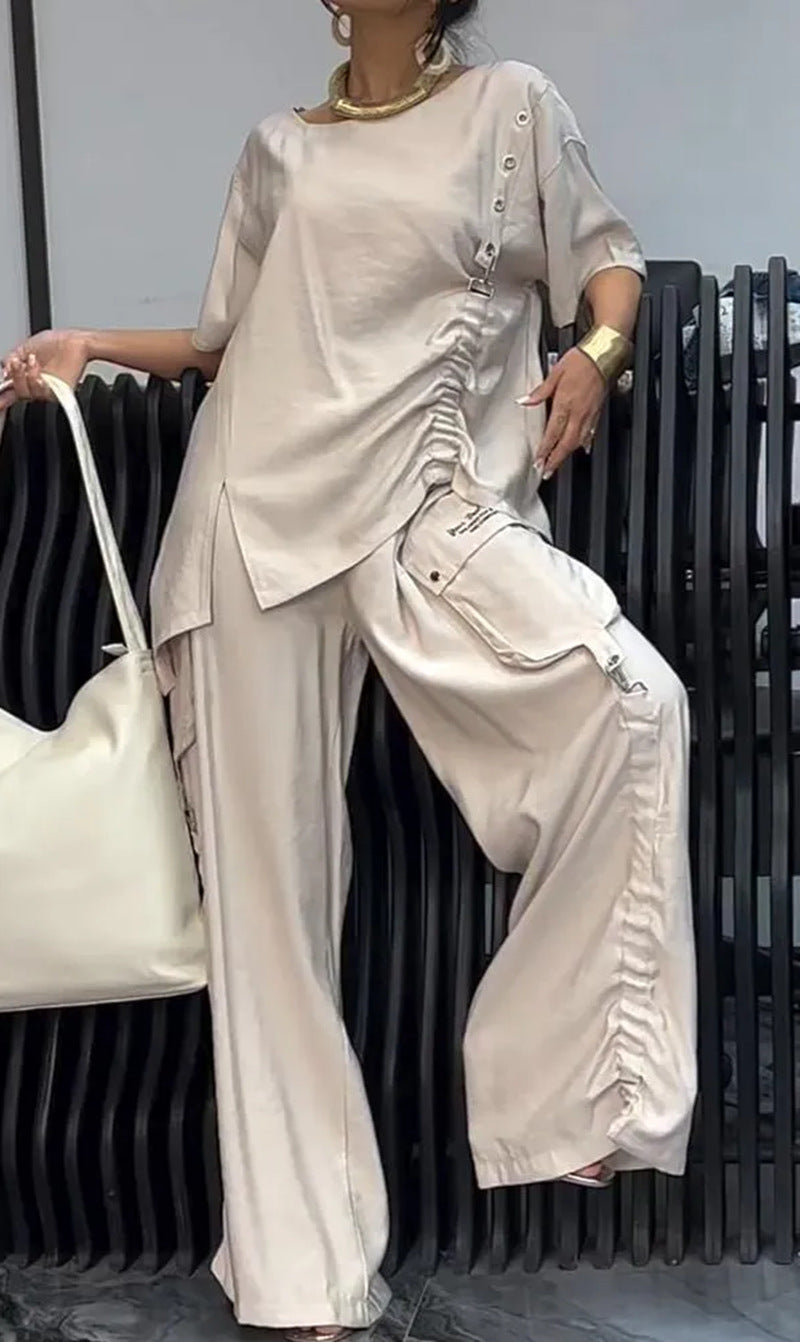 Damen nan lässiges zweiteiliges Ensemble mit geraffter Oversize-Bluse und Cargo-Palazzohose R&B
