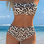 Damen Bandeau-Bikini mit hohem Taillenschnitt und stilvollem Leopardenmuster R&B
