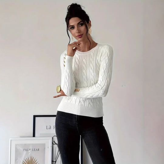 Damen Grobstrick Pullover mit dekorativen Knopfdetails R&B
