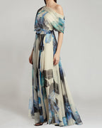 Damen elegantes Chiffon-Kleid mit schulterfreiem Design und floralem Muster EB