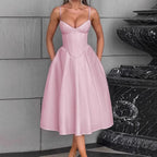 Damen Elegantes A-Linien Midi-Kleid mit Spaghettiträgern und weichem Stoff R&B