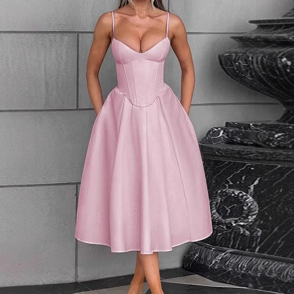 Damen Elegantes A-Linien Midi-Kleid mit Spaghettiträgern und weichem Stoff R&B