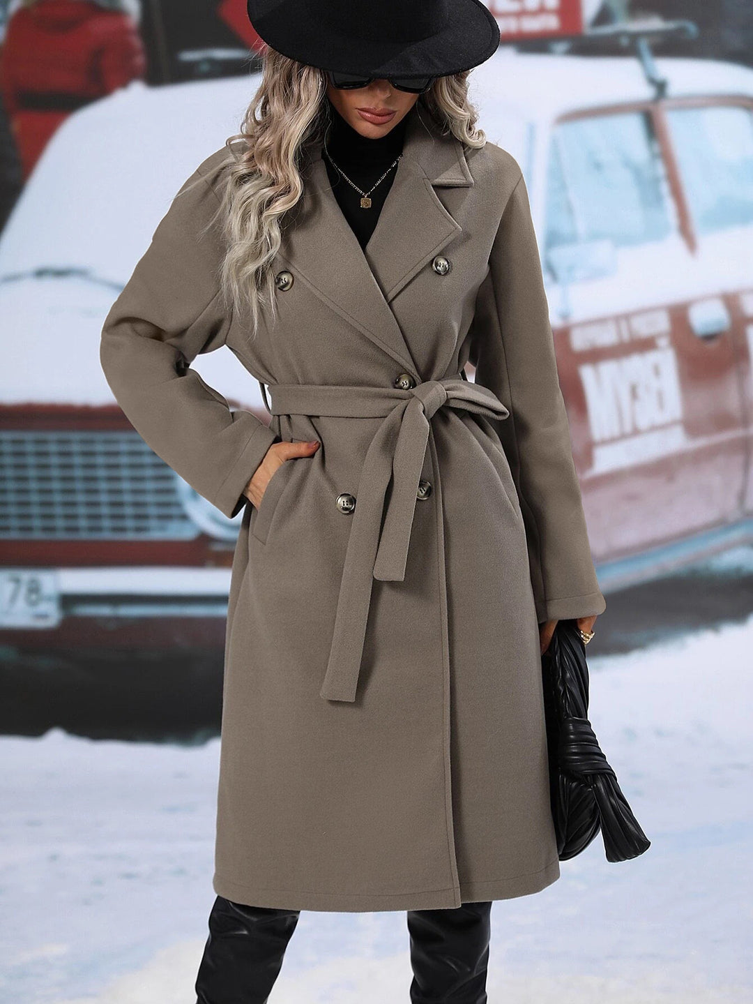 Damen Eleganter Trenchcoat mit Taillengürtel und doppelt gelegten Knöpfen R&B