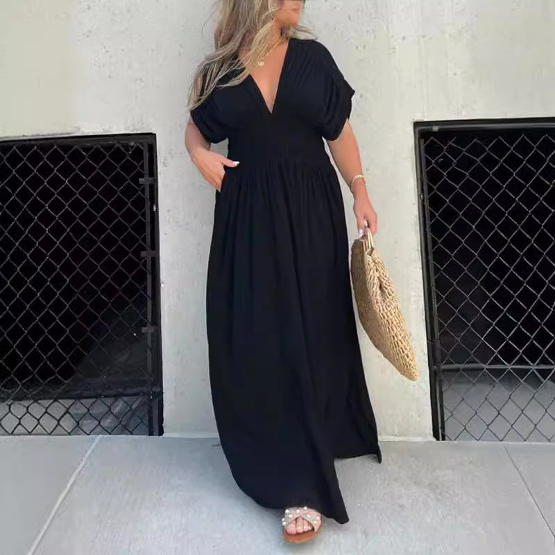 Damen Maxikleid mit tiefem V-Ausschnitt und praktischen Seitentaschen R&B