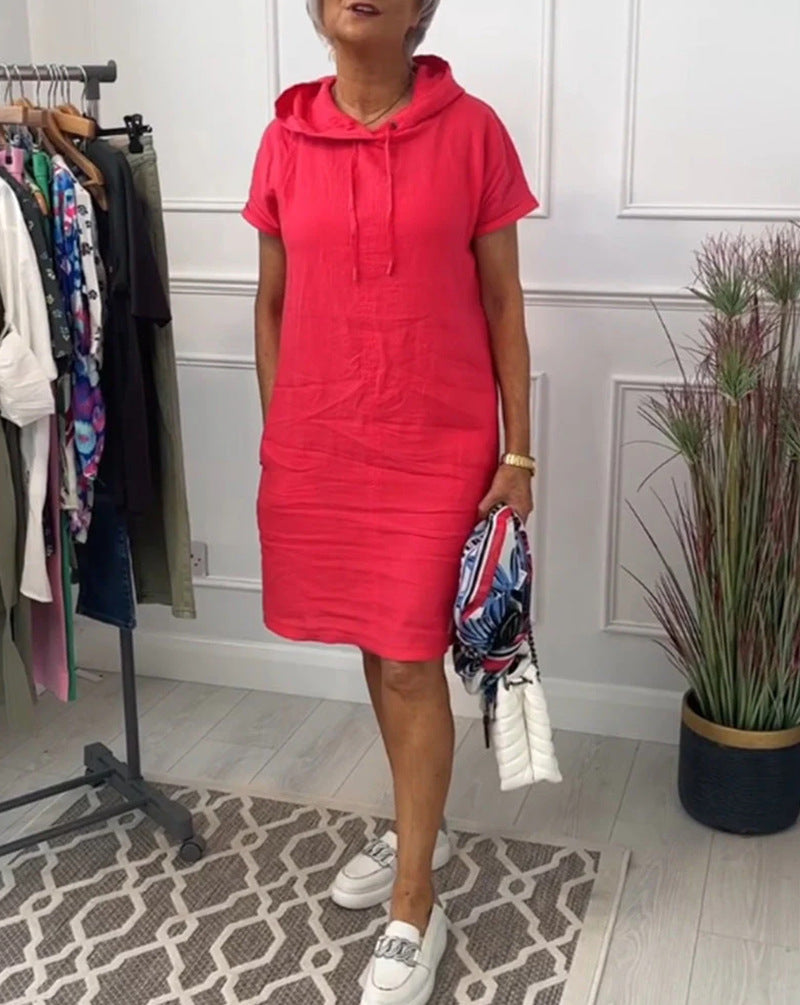 Damen nan legeres Kapuzenkleid mit kurzem Ärmel, geradem Schnitt und Kordelzug R&B
