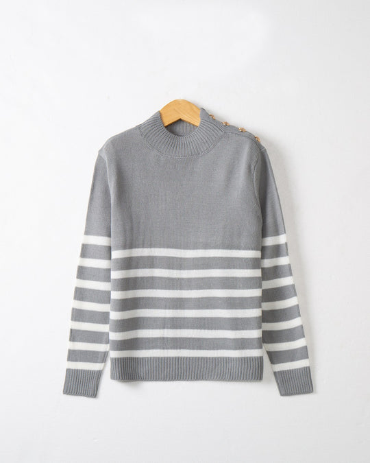 Damen modischer Strickpullover mit Streifenmuster und Knopfdetails R&B