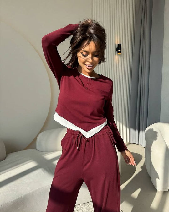 Damen lässiges Freizeit-Set mit Knopfdetails und elastischem Bund R&B