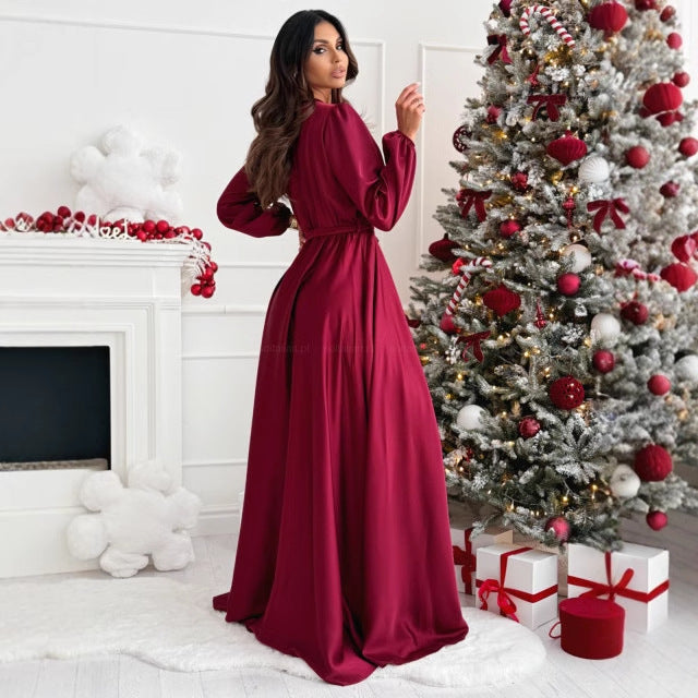Damen elegantes Maxikleid mit schlanker Silhouette und tailliertem Gürtel R&B
