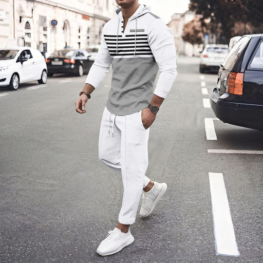 Herren nan urbanes Kapuzen-Henley Freizeitset mit Streifenpasse und gekürzter Joggerhose R&B