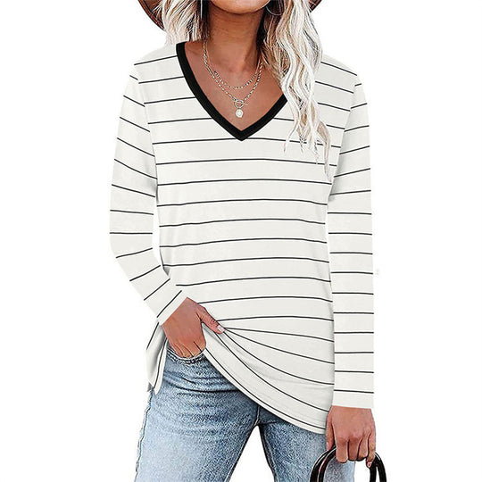 Damen V-Ausschnitt Langarmshirt mit Streifenmuster und seitlichen Schlitzen R&B