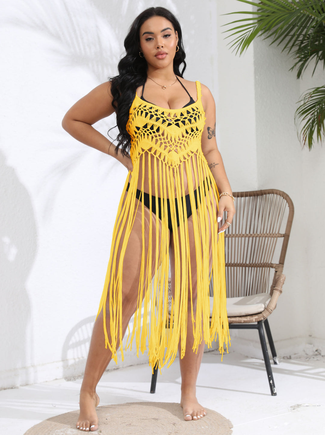 Damen gehäkelter Strandüberwurf mit fransenverziertem Design R&B
