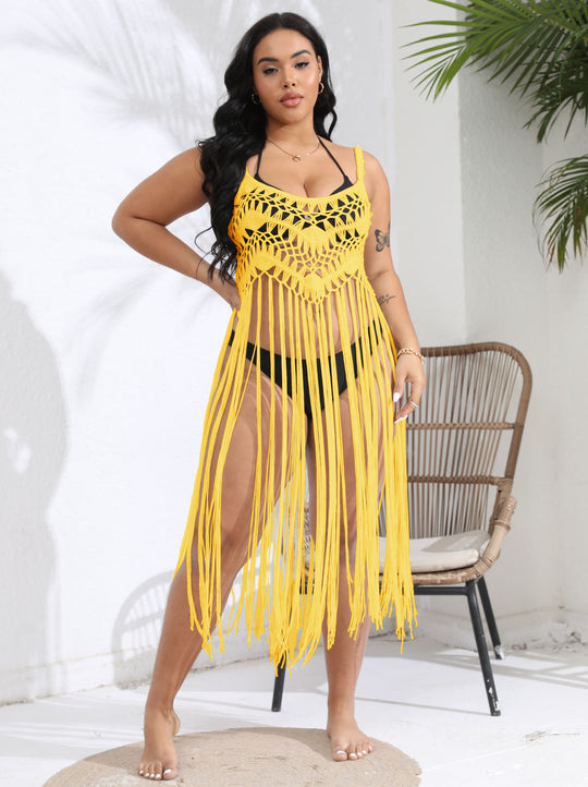 Damen gehäkelter Strandüberwurf mit fransenverziertem Design R&B